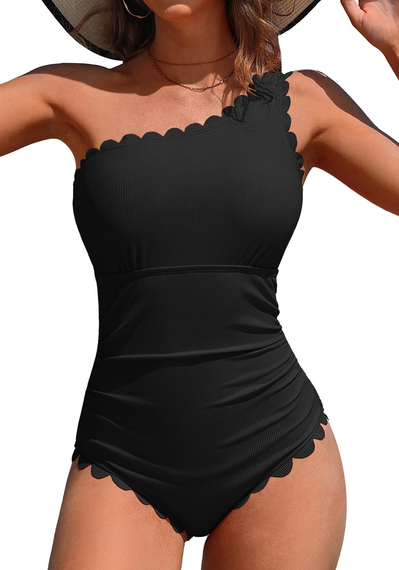 Solid color slanted shoulder one-piece swimsuit