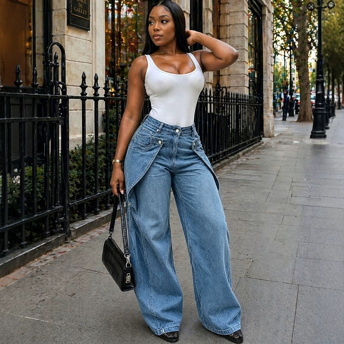 Women's Casual Denim Pants Street Fashion Asymmetrical Button Design Straight Leg