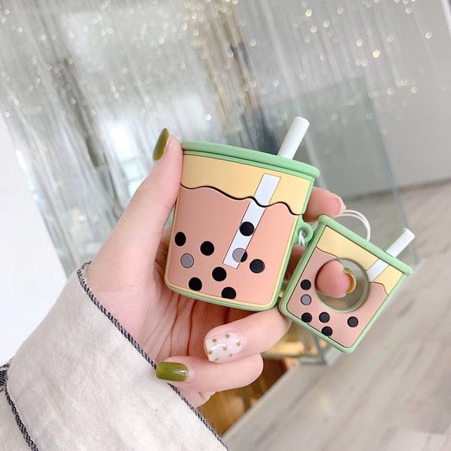 For AirPods Case Cartoon Cute Funny Milk Bubble Tea Drink Bottle Earphone Protect Cover For Airpods 2 with Finger Ring Strap