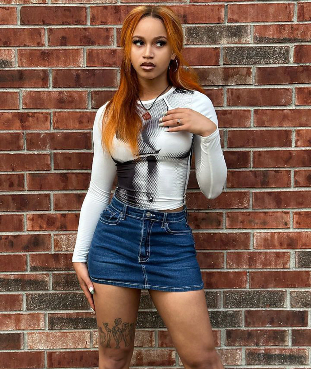Sexy High-Waisted Vintage Stitched Fitted Denim Mini Skirt for Women