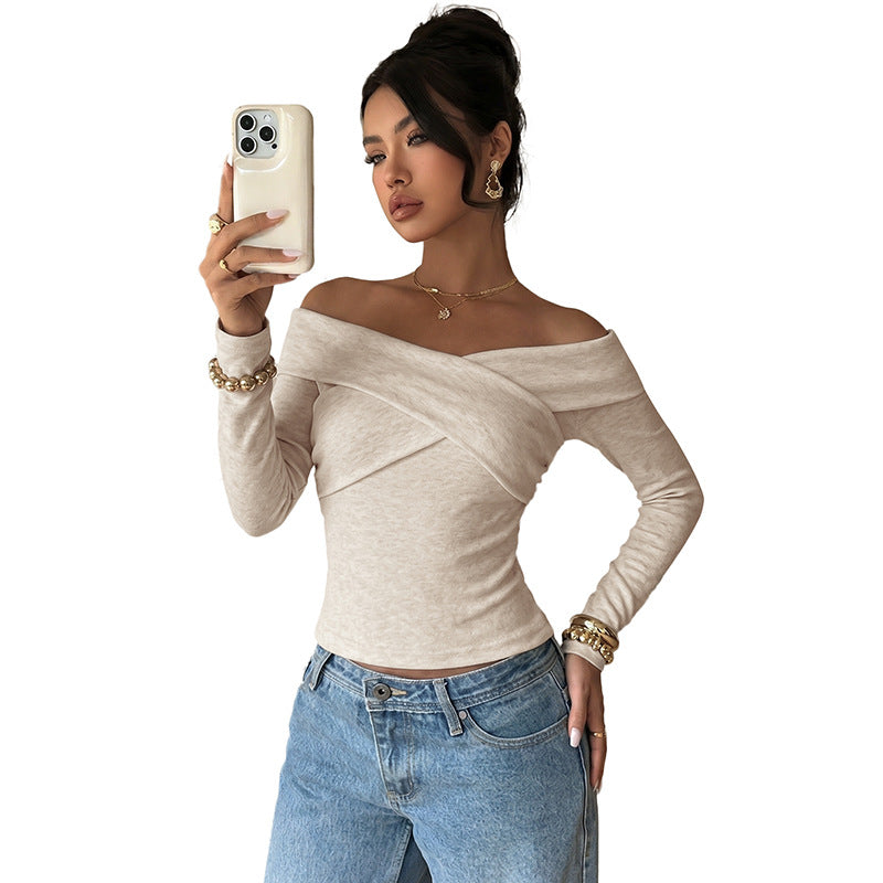 Solid color cross one neck off shoulder long sleeved t-shirt