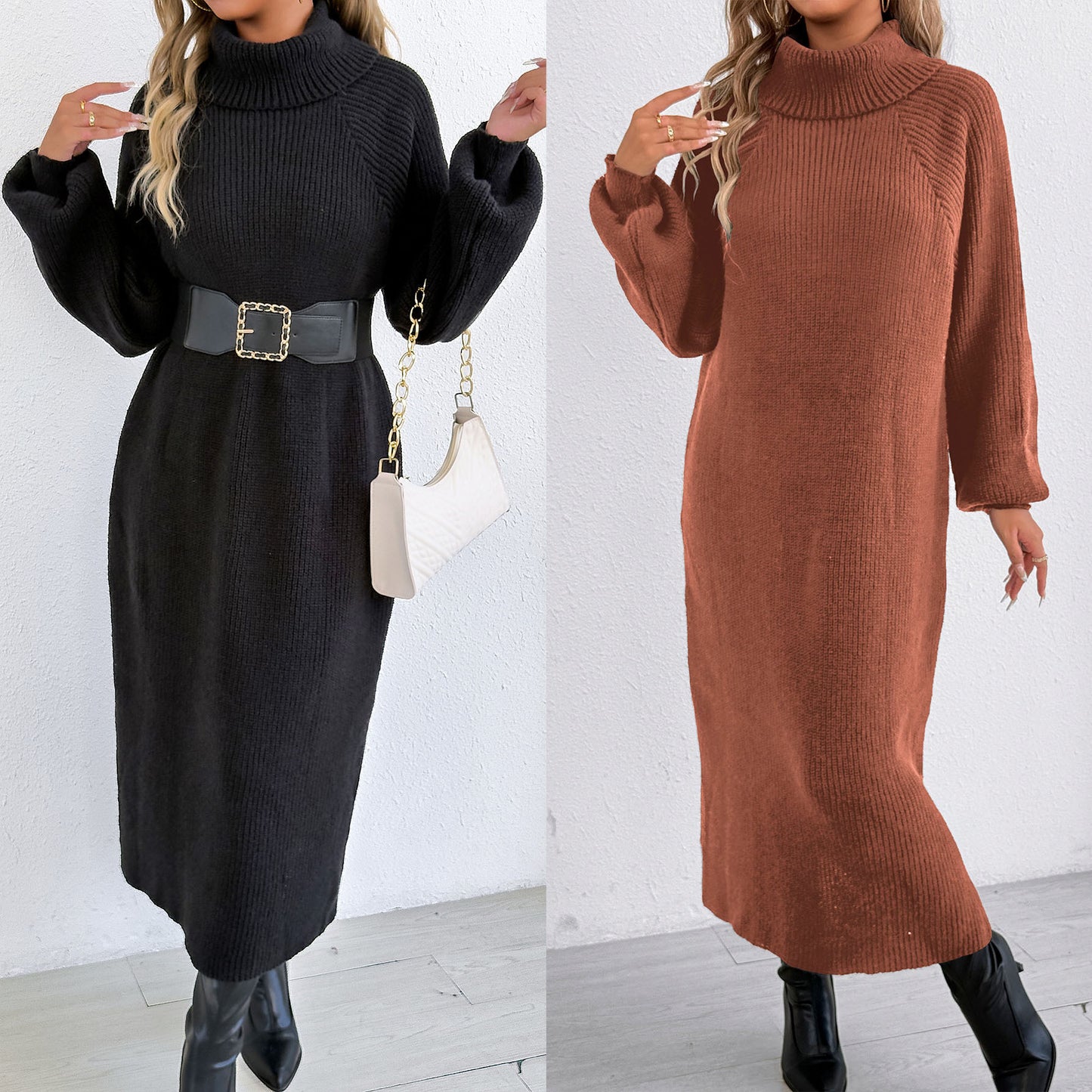 Lady's Dress Women's Clothing Loose Casual Long Dress High Neck Turn-down Collar Sweater Dress Without Belt
