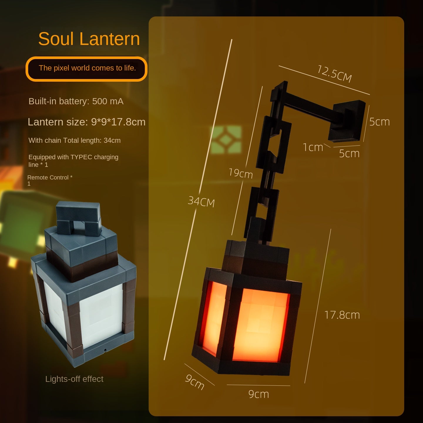 Minecraft Pixel Night Light LED Ambient Desk Lamp Creative Lantern Rechargeable Tap Light