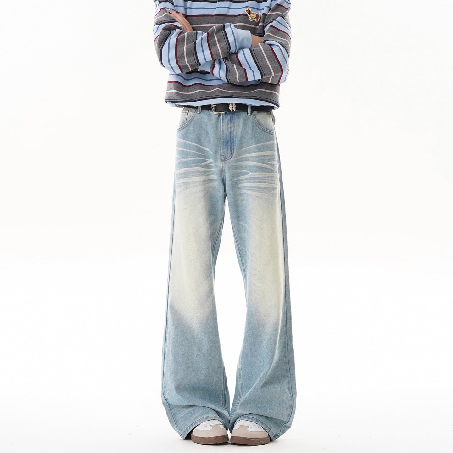 Washed Distressed Flared Denim Pants Men