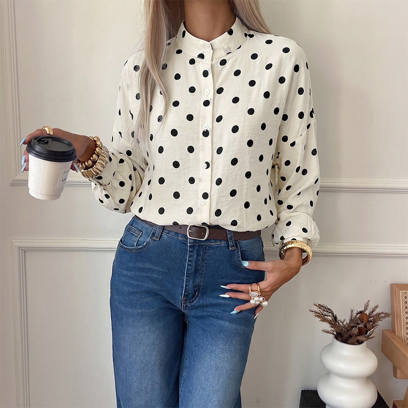 Loose stand up collar polka dot long sleeved shirt