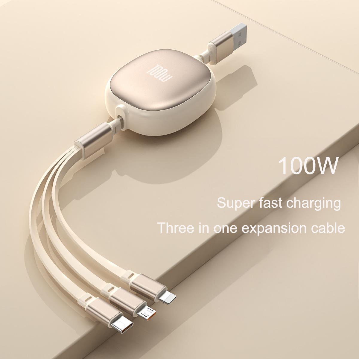 Aluminum alloy three in one telescopic data cable, super fast charging 100W portable one to three charging cable