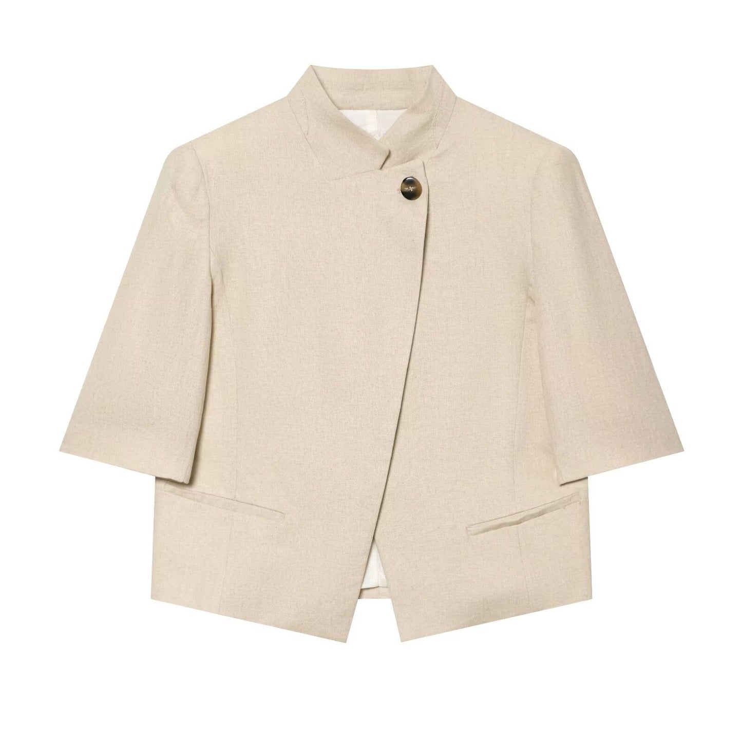 Stand collar linen blend short sleeved suit jacket