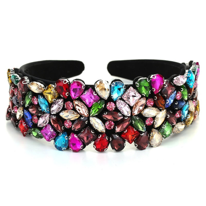 Baroque wide edge full set with colored glass diamond flower headband for fashion