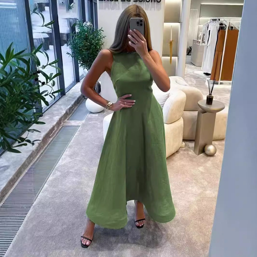 Elegant green women's dress, fashionable round neck sleeveless dress, casual new high waisted A-line mid waist dress for women