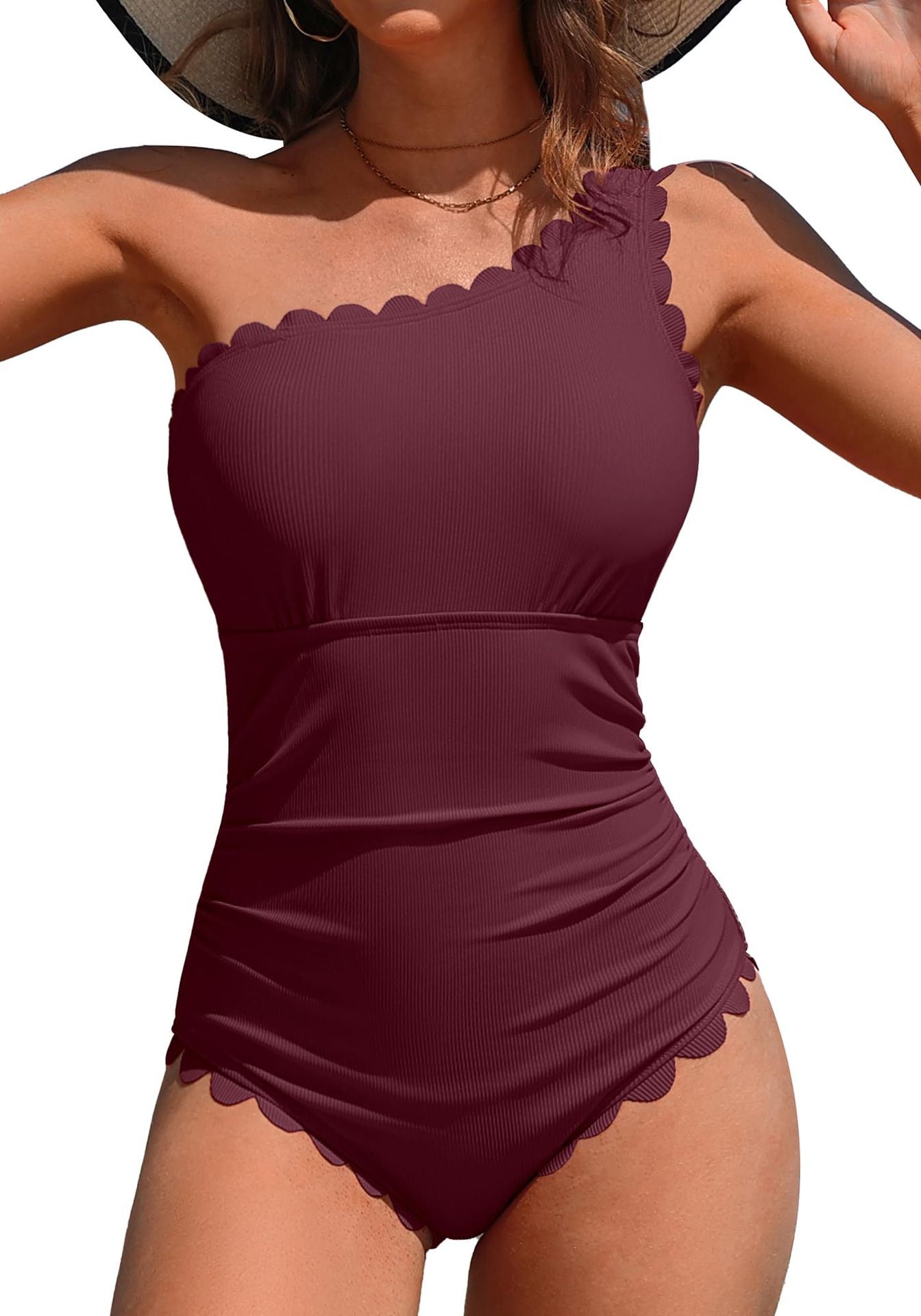Solid color slanted shoulder one-piece swimsuit