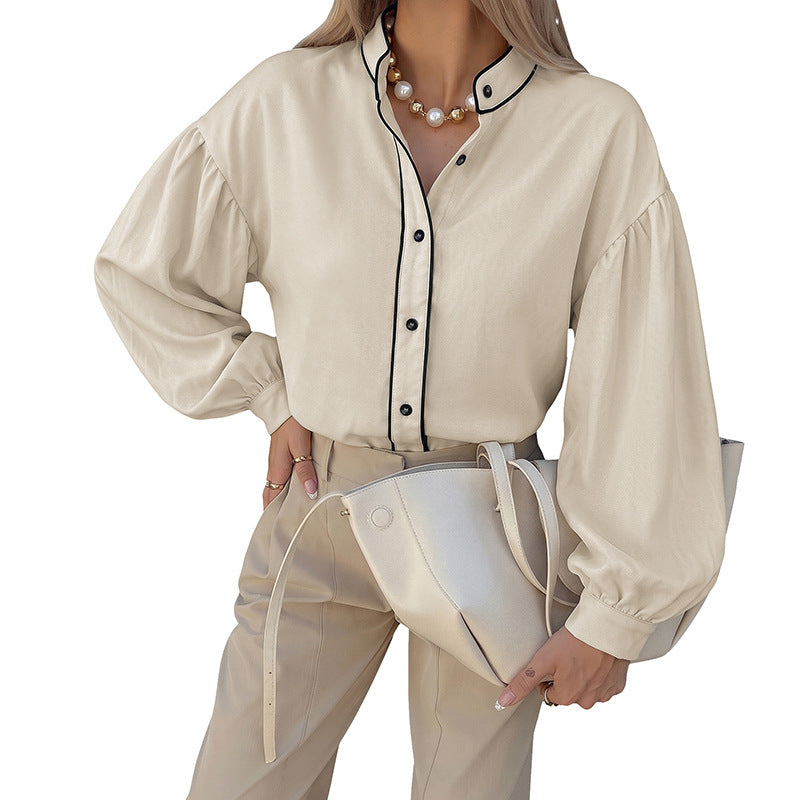 Stand up collar contrasting lantern sleeve shirt