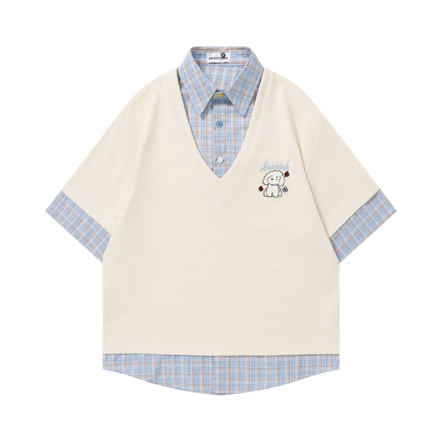 Small dog embroidered checkered short sleeved shirt