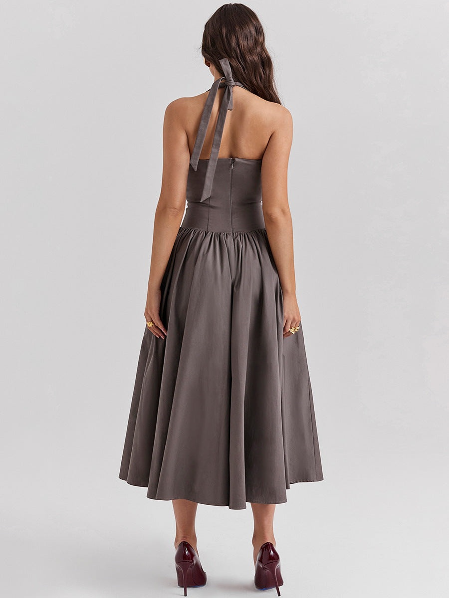 European and American women's clothing in spring, high-end and sexy, deep V-neck hanging, backless, red mid length skirt, spring women's dress, women's dress