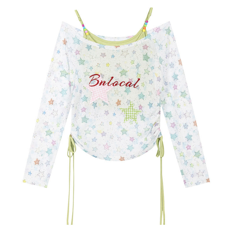 Dopamine colored star long sleeved two-piece top t-shirt for women
