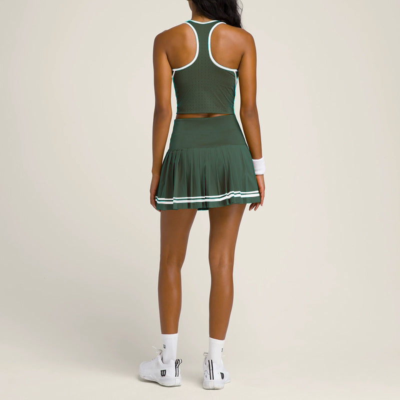 High-Waisted Pleated Tennis Skirt for Women with Openings, Gym Crop Top, Breathable Anti-See-Through Golf Fitness Wear