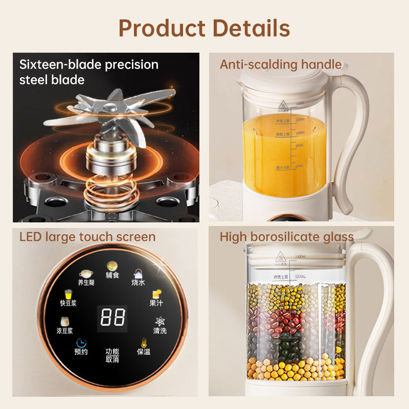 1.4L Nuts Milk Maker, Juicer and Soy Milk Machine with 16 Blades for Plant-Based Drinks, Oatmeal, Almond, Grains, and Beverages