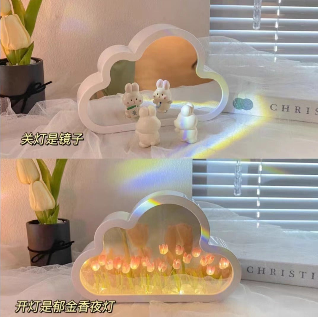 DIY Cloud Tulip LED Night Light Girl Bedroom Ornaments Creative Photo Frame Mirrored Table Lamps Bedside Handmade Birthday Gifts