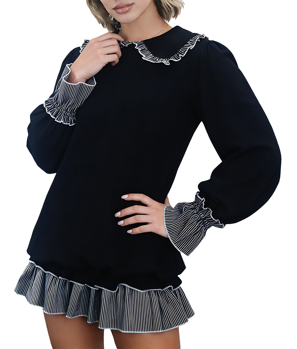Women's fashionable black and white striped color-blocked dress with Peter Pan collar and open back
