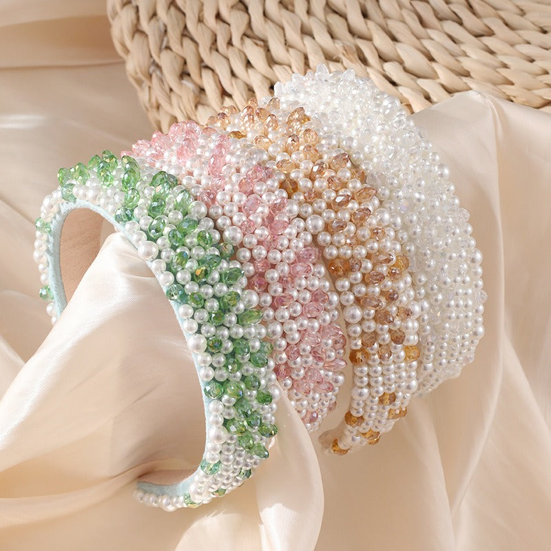 Fashionable pearl hair band for washing face, wide brimmed crystal sponge headband for women