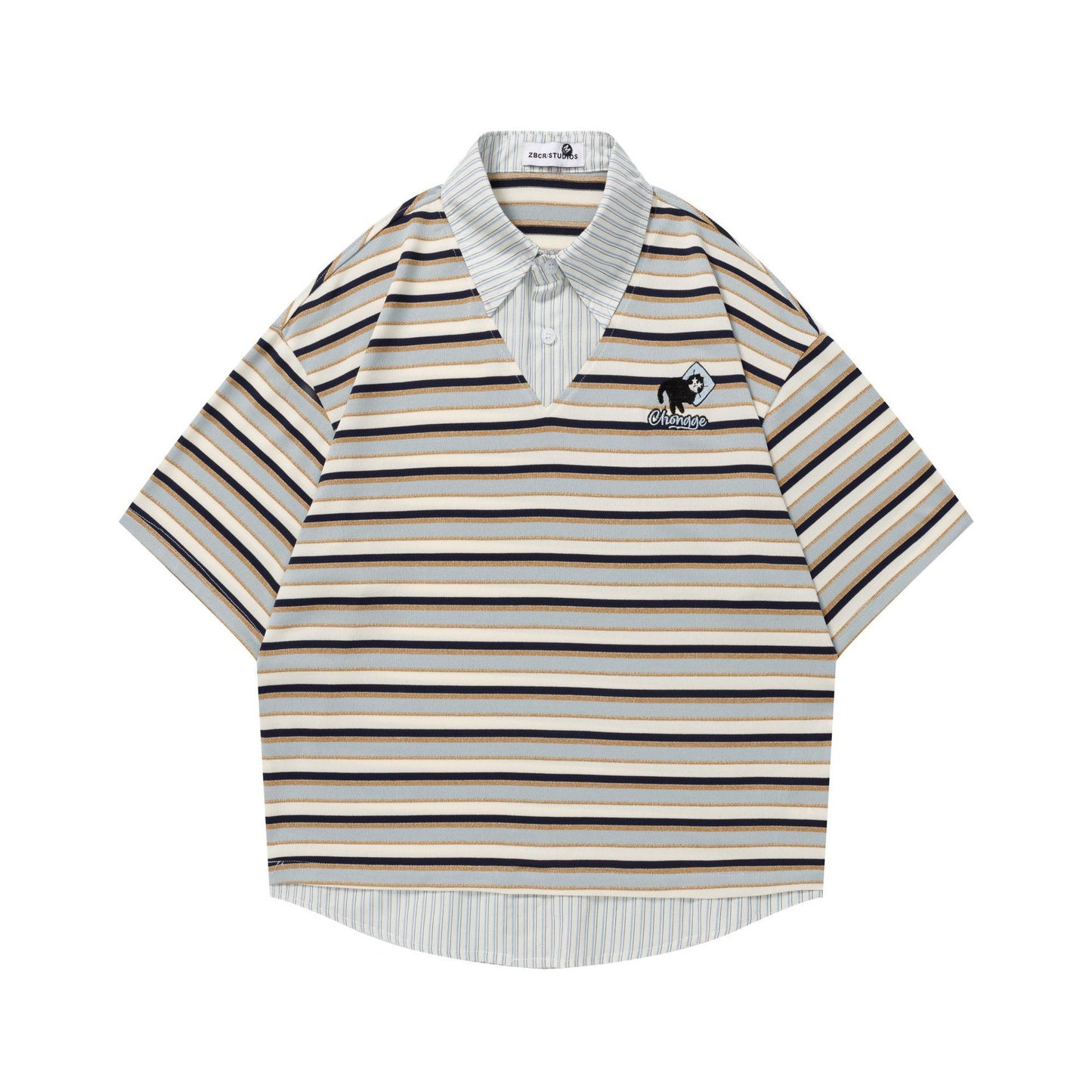 Hanging embroidery horizontal strip short sleeved shirt