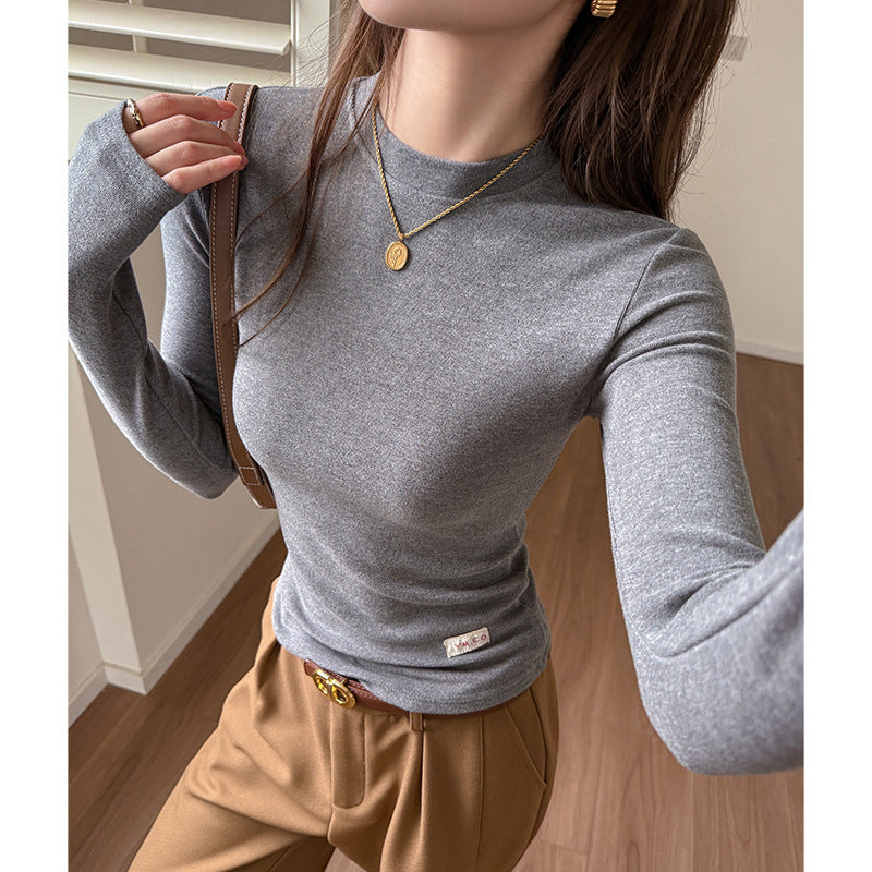 Retro Long Sleeve Inner Top for Women, Autumn and Spring, Round Neck, High-Quality Brushed Fabric, Slim Fit, Elegant Basic Shirt
