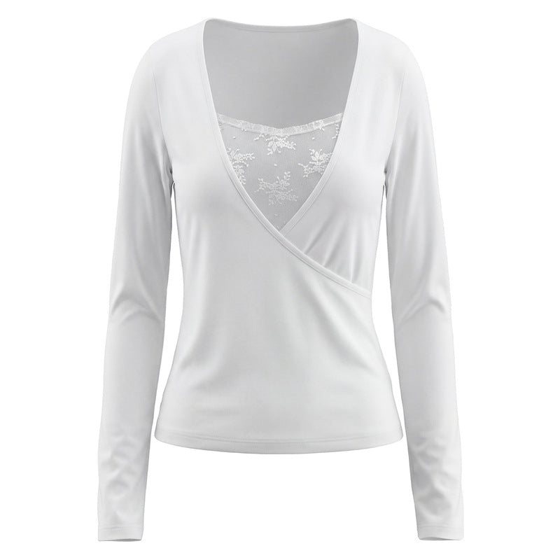 V-neck fake two long sleeved tops