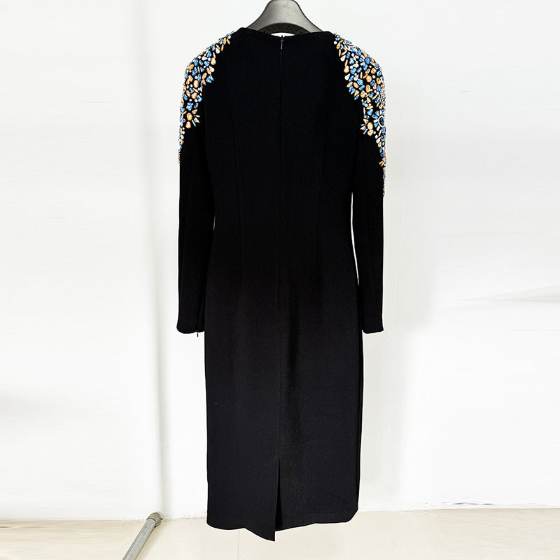 European and American celebrity fashion heavy industry nail bead studded diamond long sleeved mid length dress