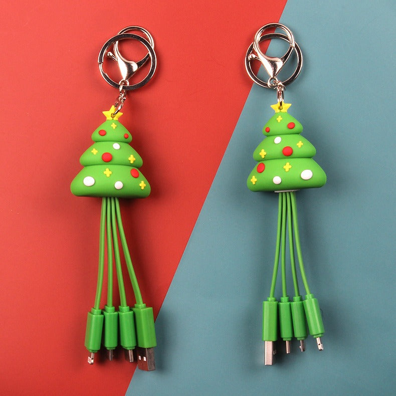 Christmas 3-in-1 Data Cable Creative Cartoon Multi functional Portable Keychain Santa Charging Cable