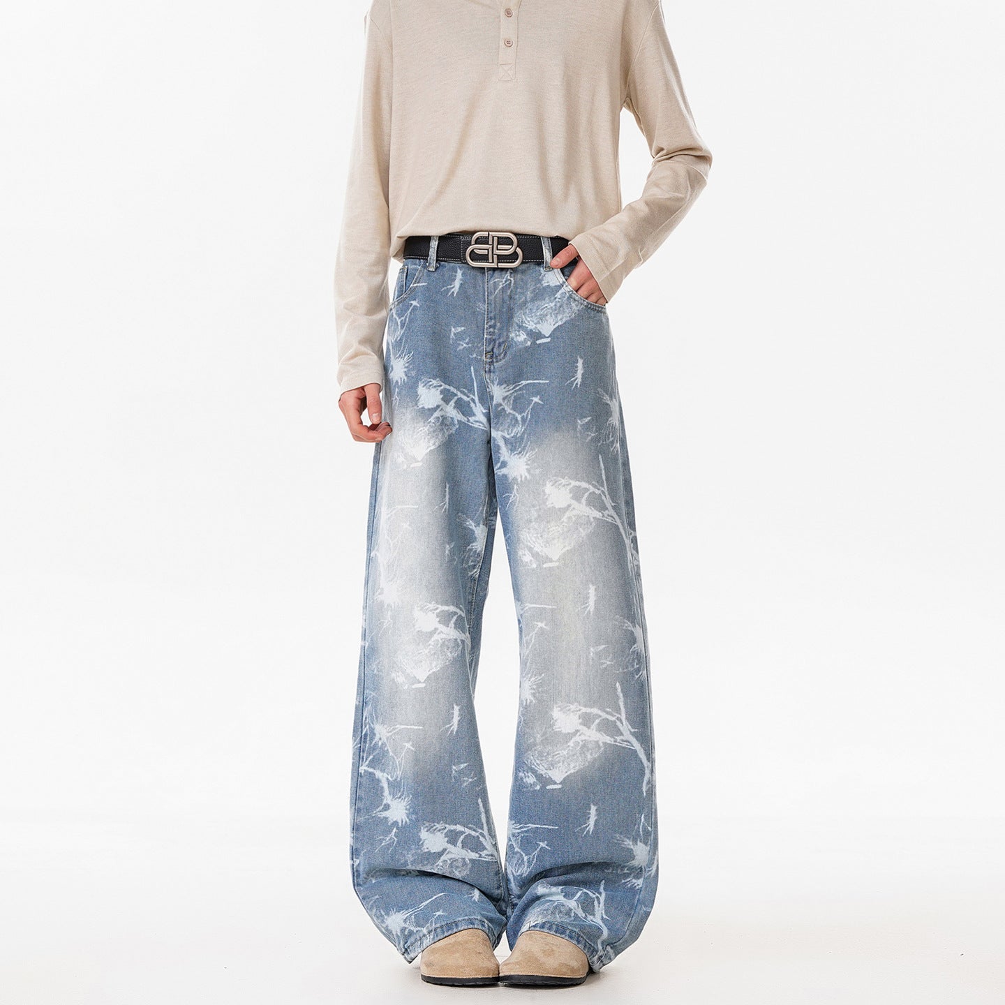 Deep Blue Denim Pants Men's Streetwear Style Flared Knife Cut Trousers