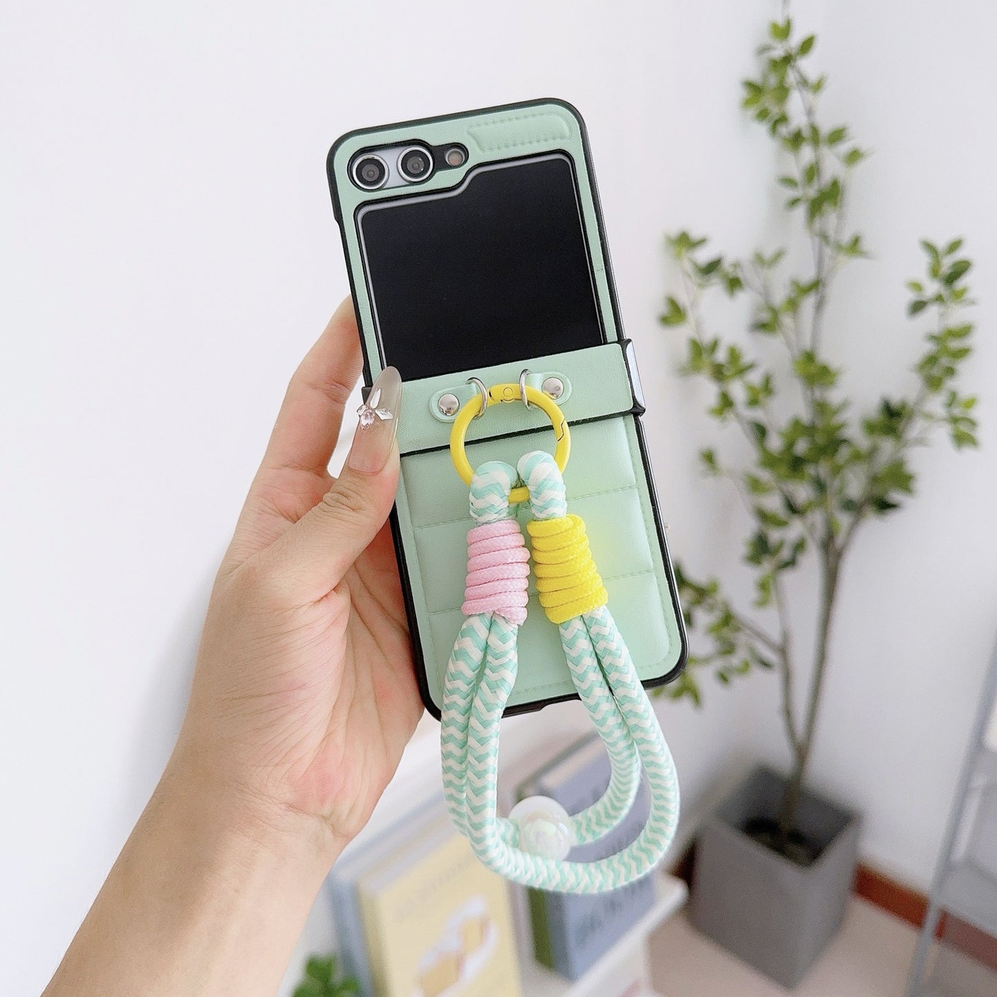 Korean Style Leather Stripe Case for Galaxy Z Flip 7/6/3/4 with Strap, Samsung 5th Gen Foldable Phone Protection
