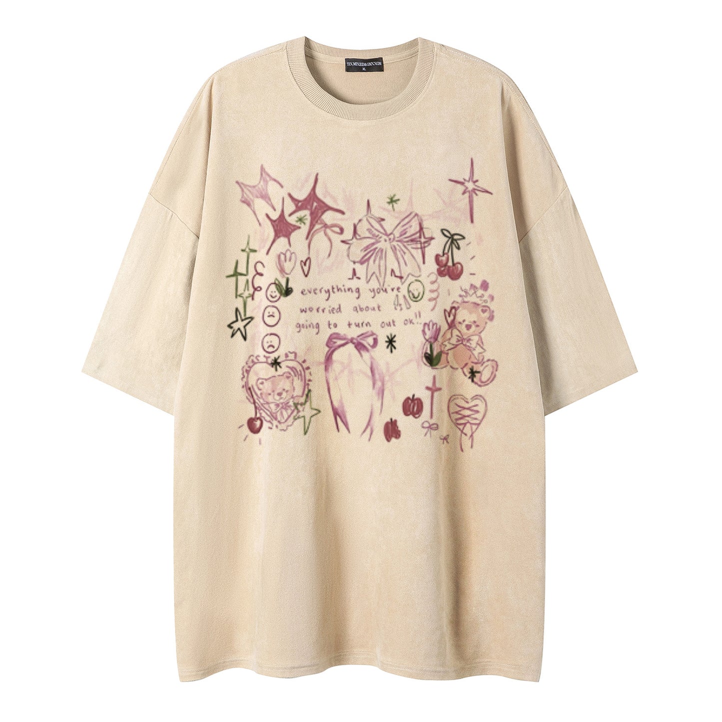 Graffiti teddy bear printed short sleeved shirt