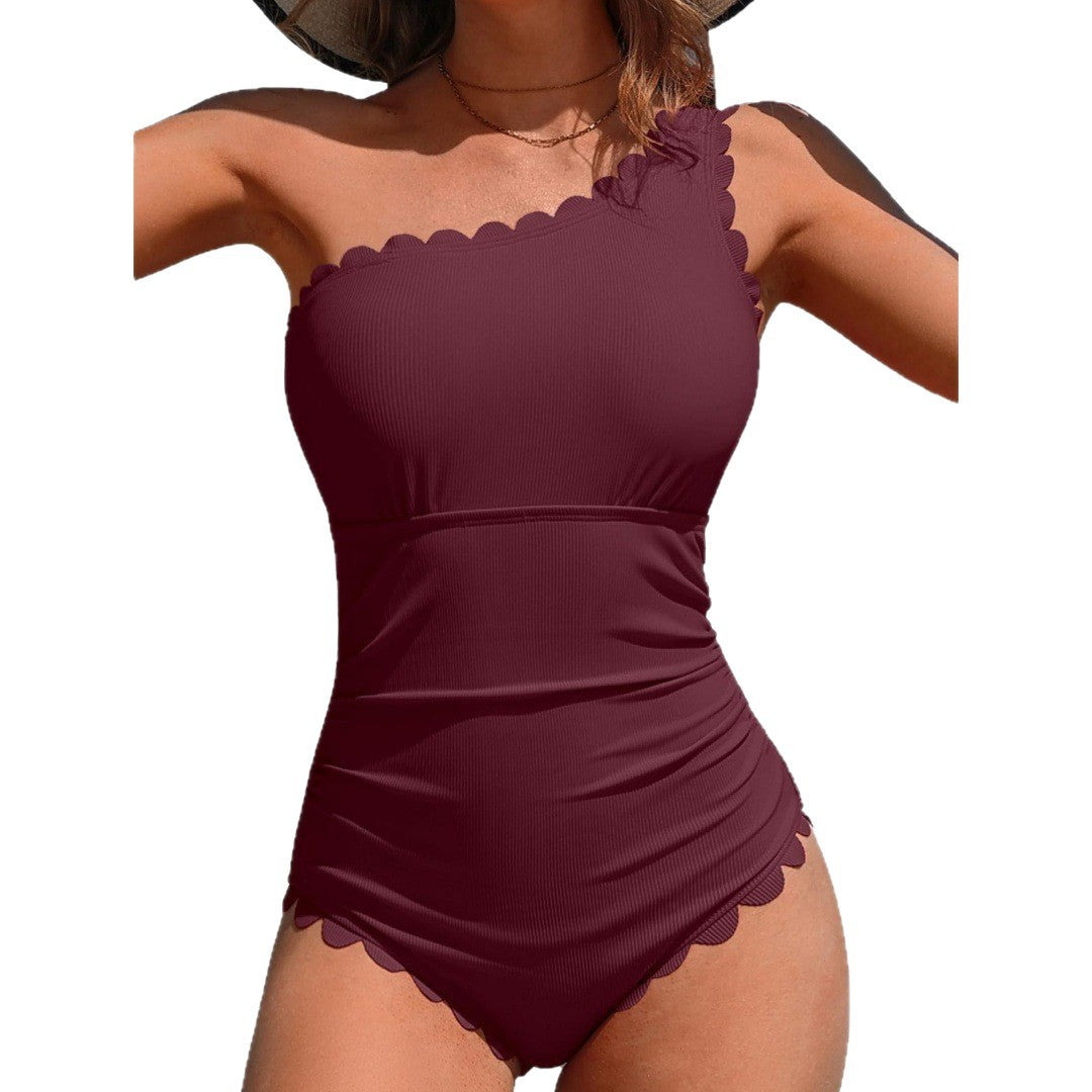 Solid color slanted shoulder one-piece swimsuit