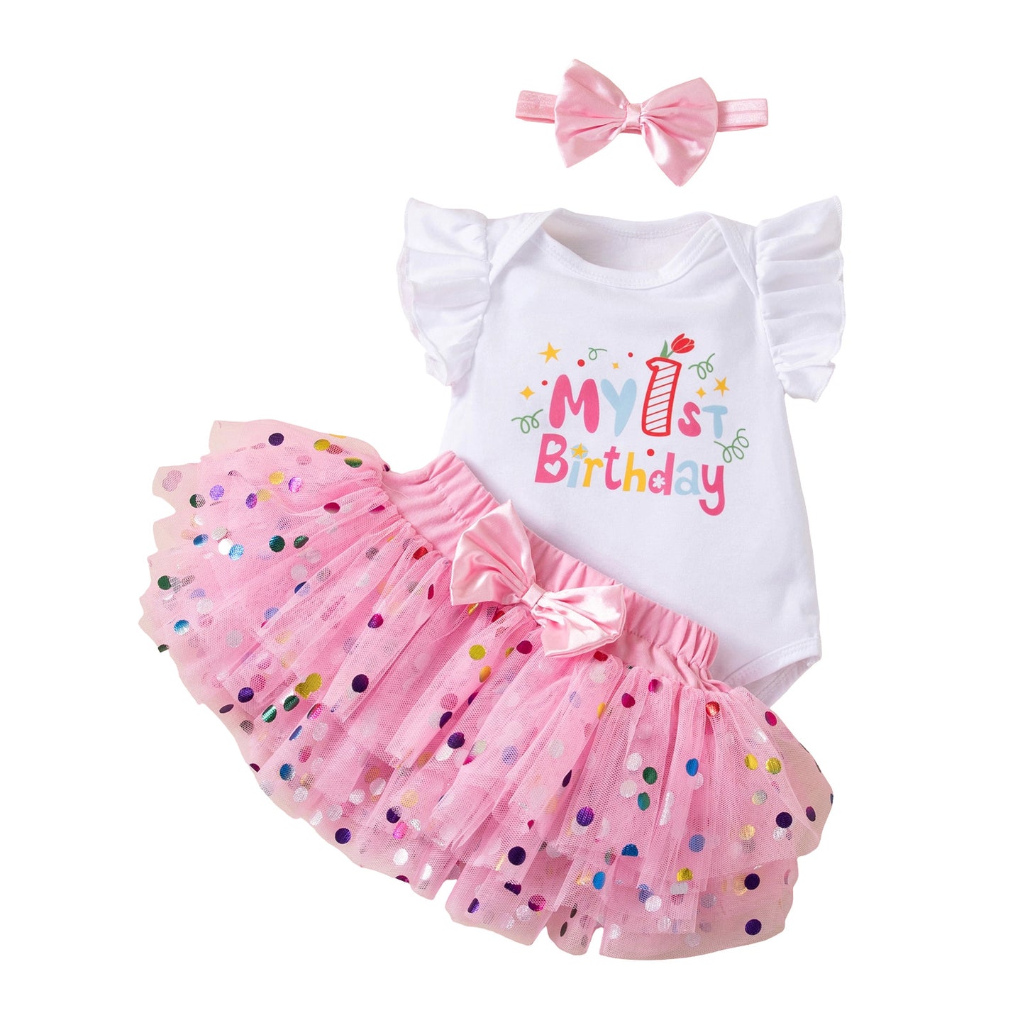 Baby Girl's First Birthday Dress Set, Pink Sequin Romper with Skirt, Formal Outfit for Celebration and Photo Shoot