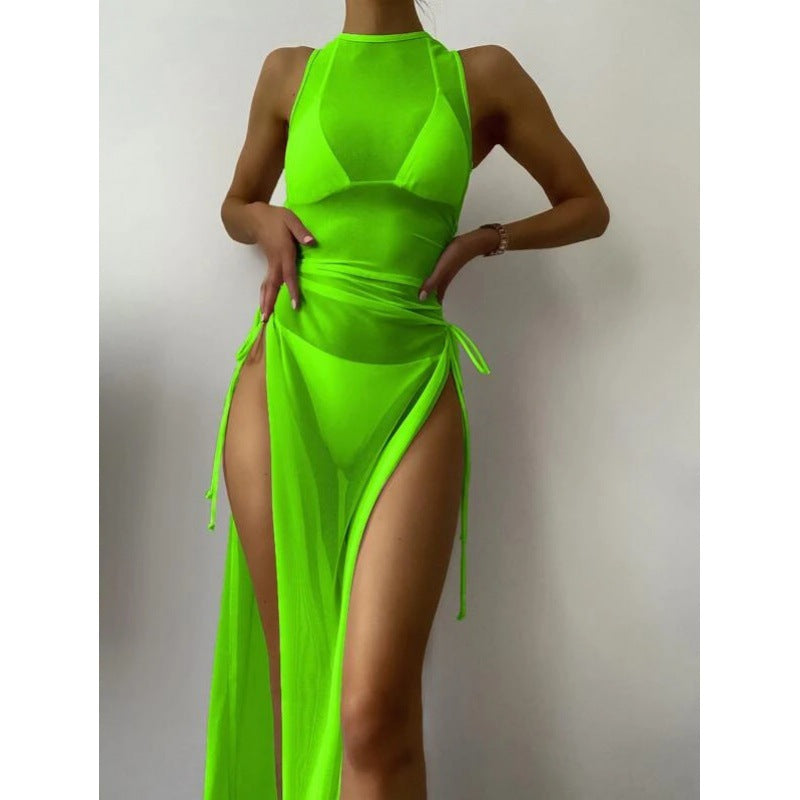 Bikini Swimwear Set, Solid Color Long Dress, Sexy Three-Piece Separated Swimsuit for Women