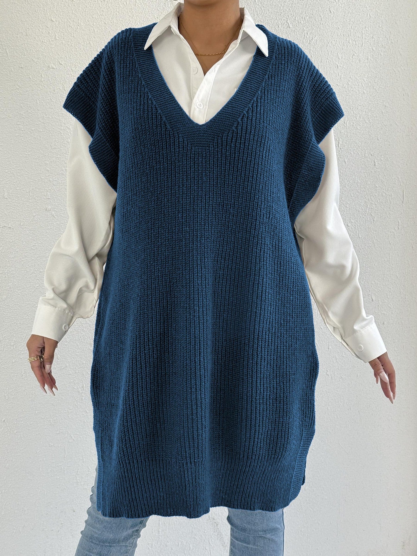 Lady's Open Front Vest, Mid-Length Knit Sweater Vest Dress with Deep V-Neck, Loose Casual Style (Without Belt)
