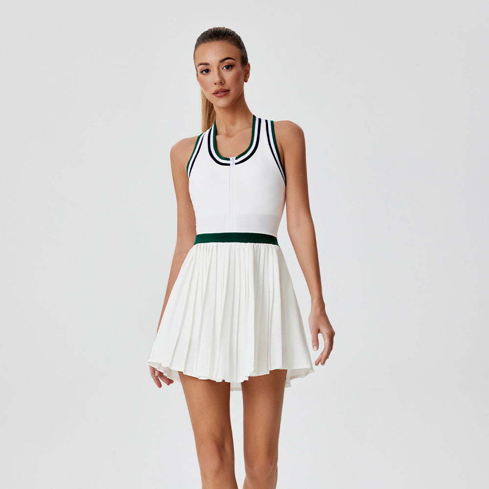 Summer Tennis Dress for Women, Color-blocked Edge Zipper Sleeveless Bodycon Anti-See-through Pleated Sport Dress Fitness Wear