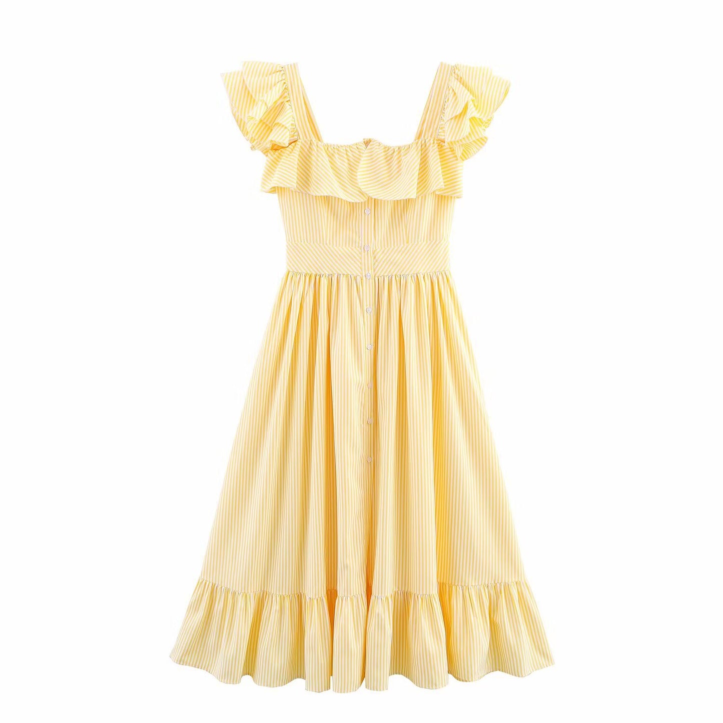 Single breasted striped ruffle edge waist cinched dress