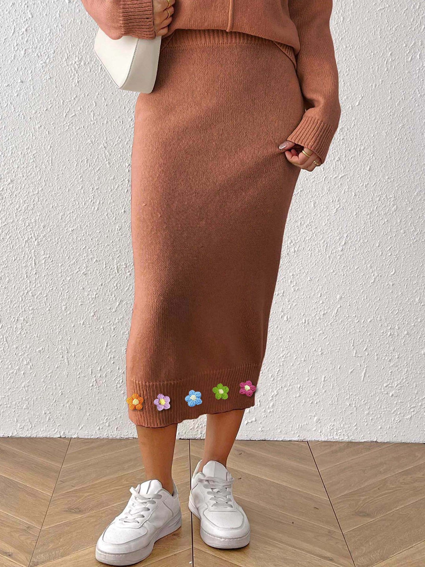 Skirt with 3D Hand-Crocheted Flower Decoration, Fitted Bodycon Midi Skirt, Women's Knit Dress Skirt