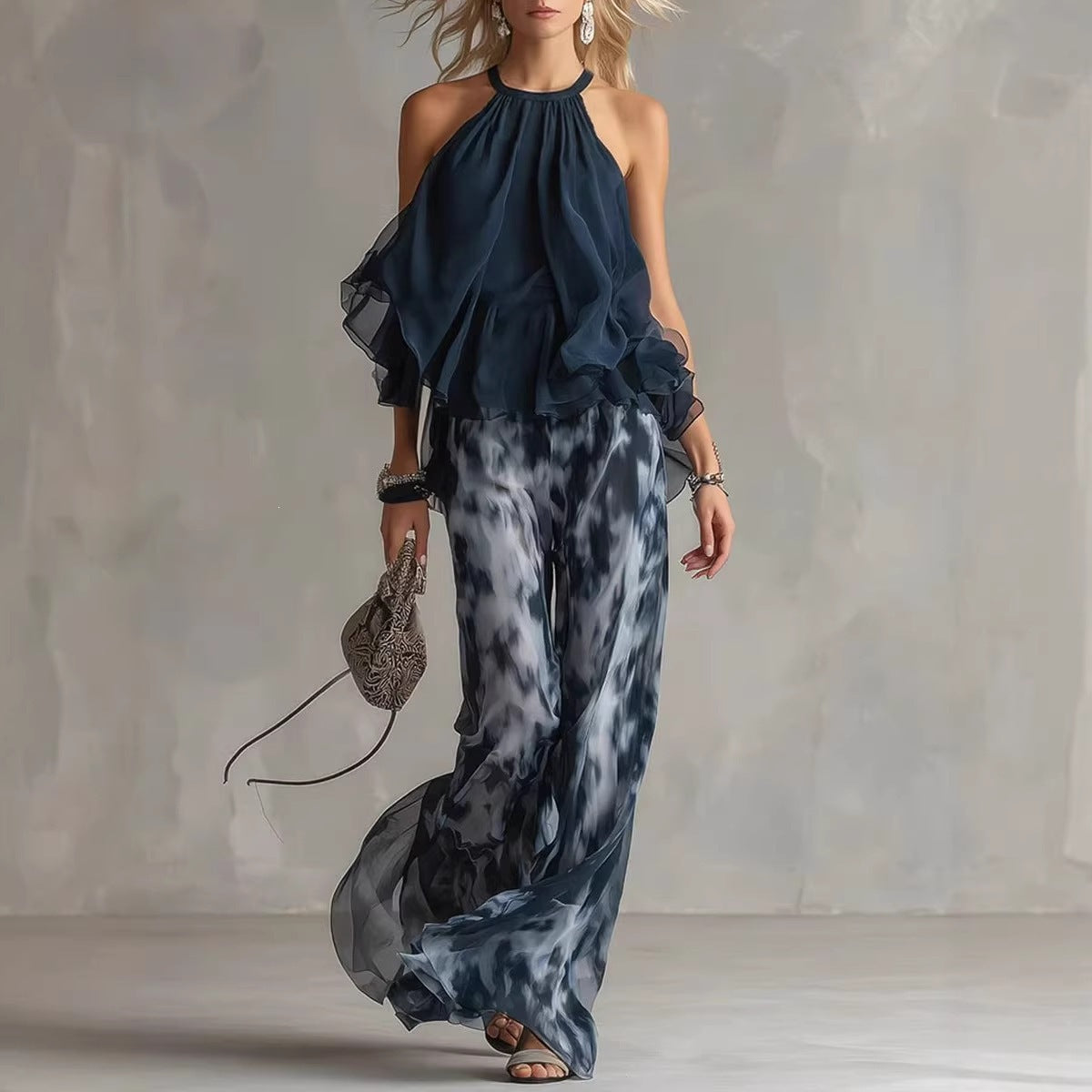 Sleeveless Halter Neck Top with Printed Wide Leg Pants Summer New Arrival