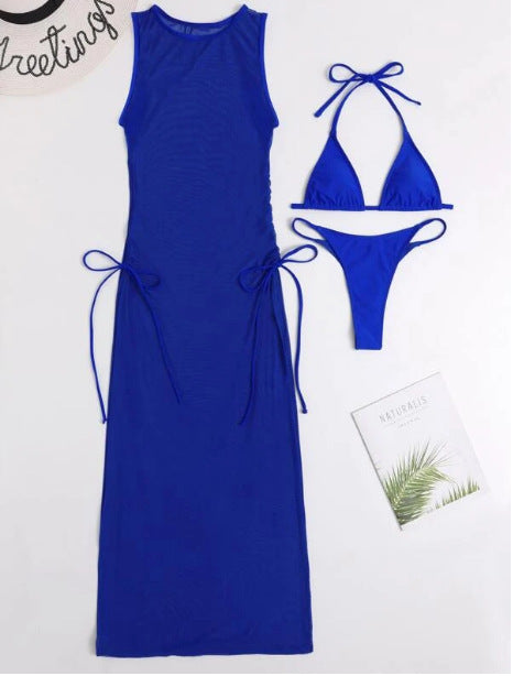 Bikini Swimwear Set, Solid Color Long Dress, Sexy Three-Piece Separated Swimsuit for Women