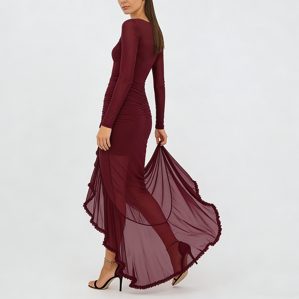 Women's Fashion V-neck Sheer Ruffle Skirt Dress