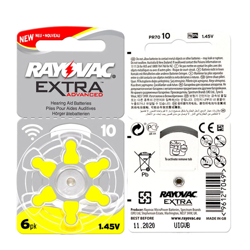 60 PCS Rayovac Extra Zinc Air Hearing Aid Batteries A10 10A 10 PR70 Hearing Aid Battery A10 for Hearing Aids