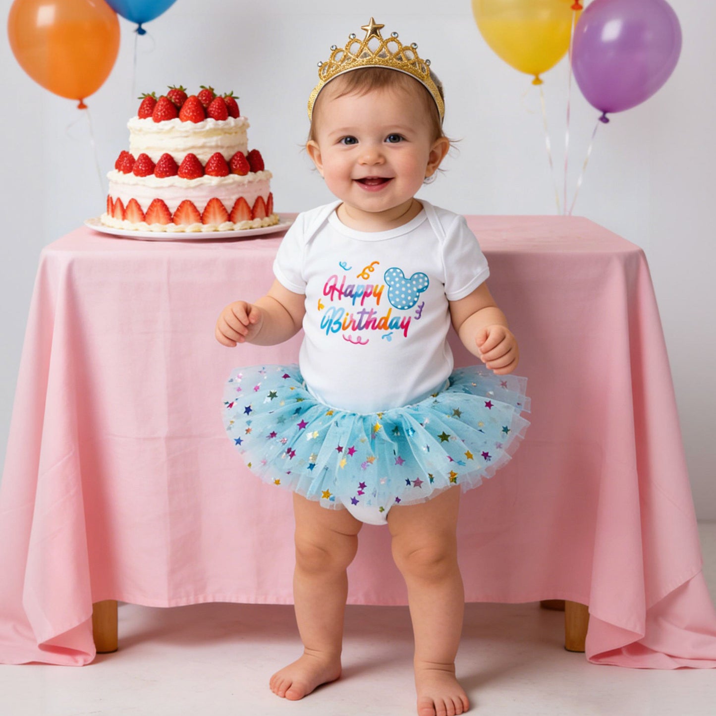 Baby First Birthday Outfit Set - Short Sleeve Romper Hair Accessories 3-Piece Infant Party Costume