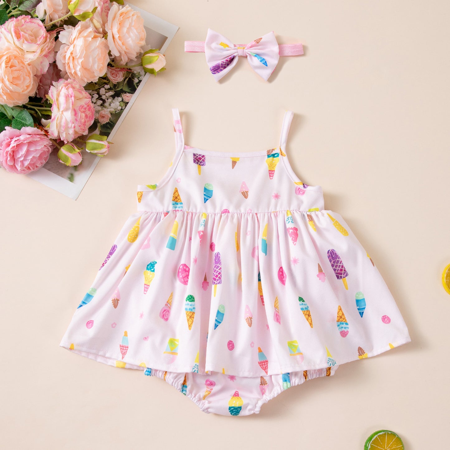 Baby Clothes Summer Lightweight Ice Cream Romper Dress for Girls, Baby Summer Outfit Set, Newborn Outerwear