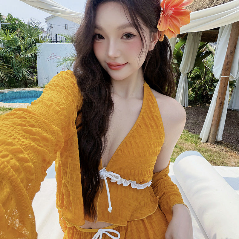 Big Size New Yellow Vacation Style Separated Swimwear Women Long Sleeve Four-Piece Set Slimming Tummy Coverage Hot Spring Vacation Swimwear