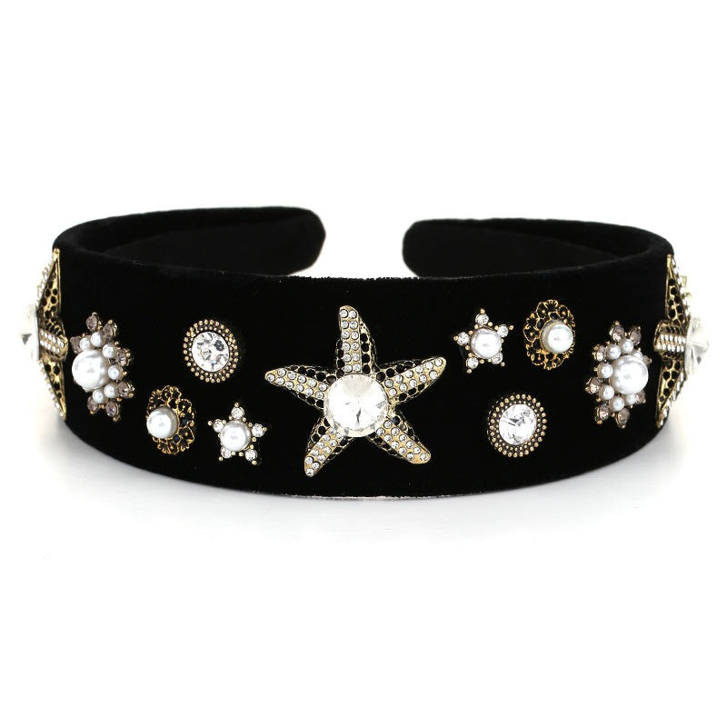 Fashionable wide edge velvet cloth pearl black starfish headband