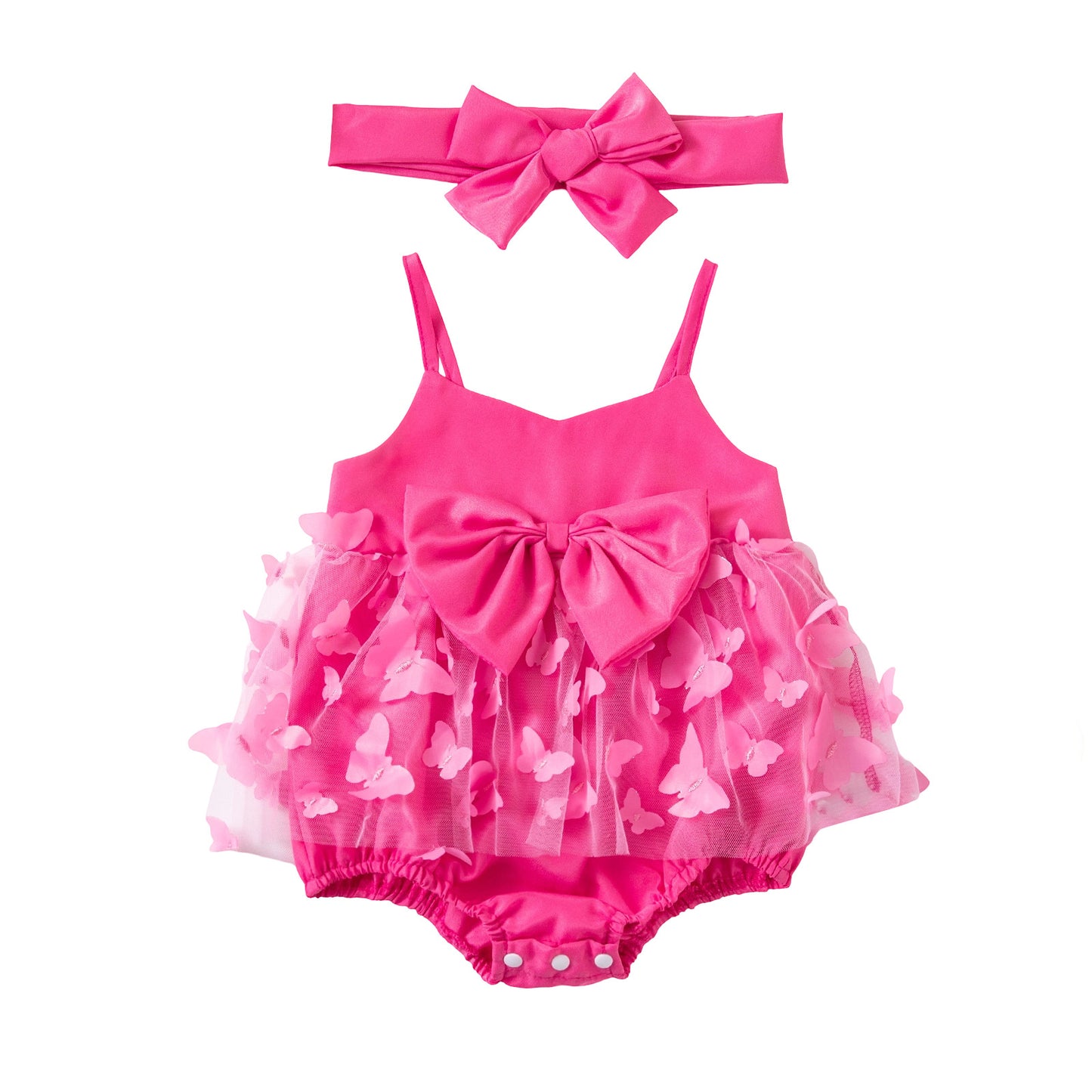 Summer Baby Romper with Bow, Pink Mesh Bodysuit with Hair Accessory for Girls