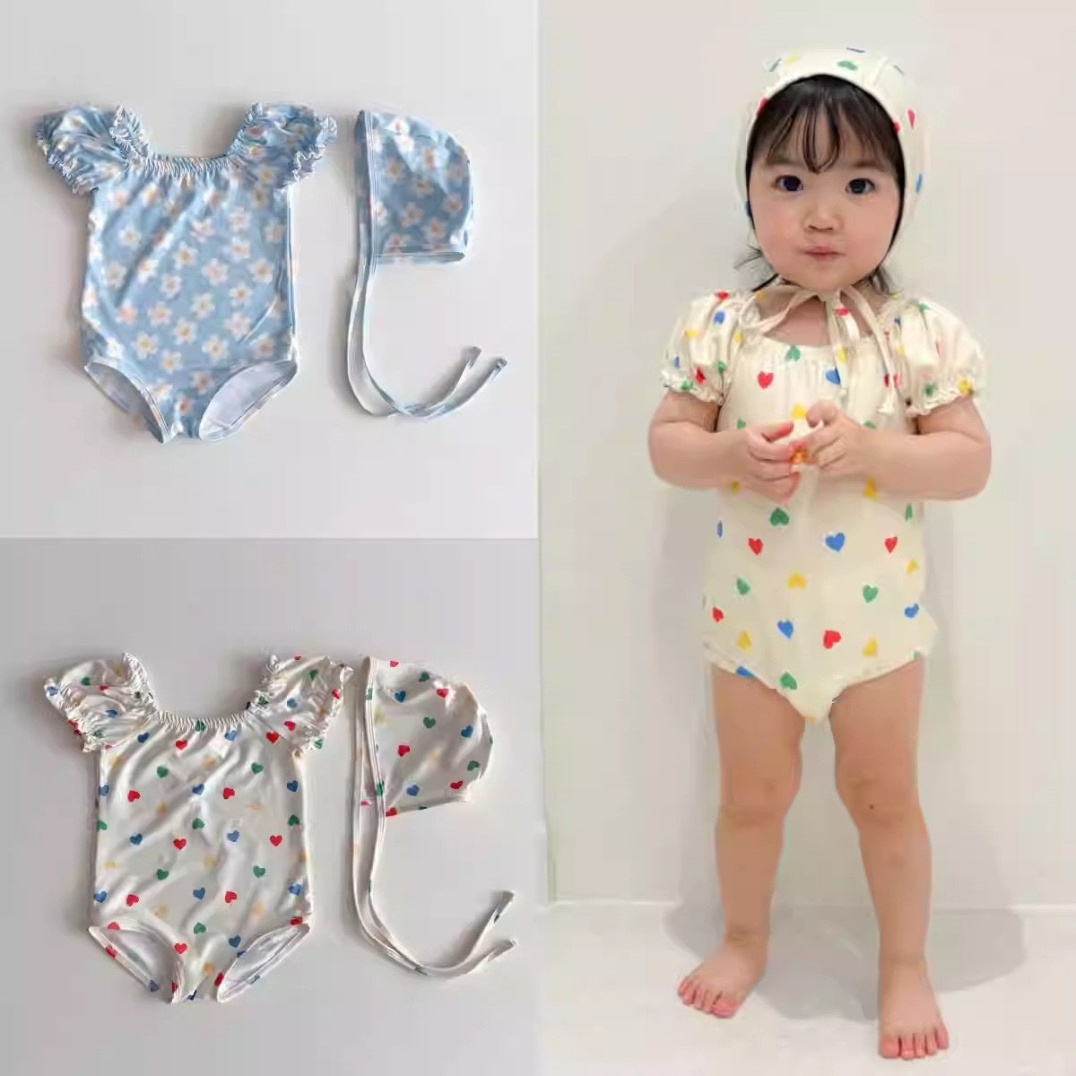 Short sleeved one-piece swimsuit swim cap bubble sleeves