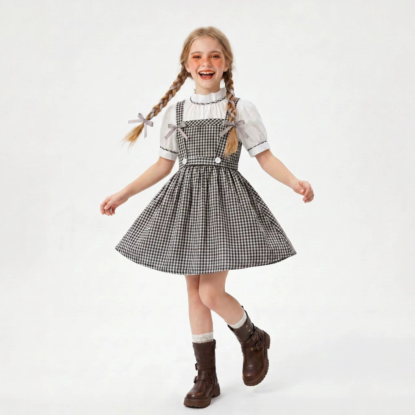 Vintage Mother-Daughter Matching Outfits Summer Black and White Checkered Overall Dress Set French Countryside Photo Shoot Mother-Daughter