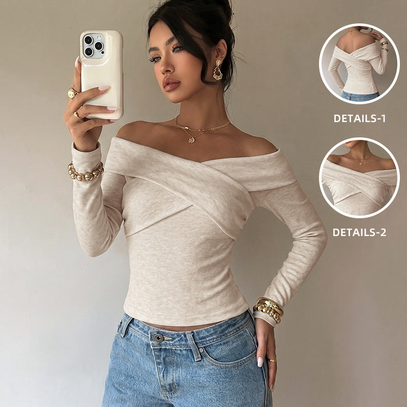 Solid color cross one neck off shoulder long sleeved t-shirt
